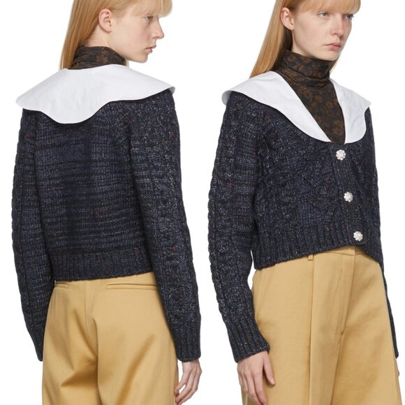 NWT Ganni Cropped Cardigan Sweater Poplin Collar In Sky Captain Cable Knit Wool - Picture 1 of 10